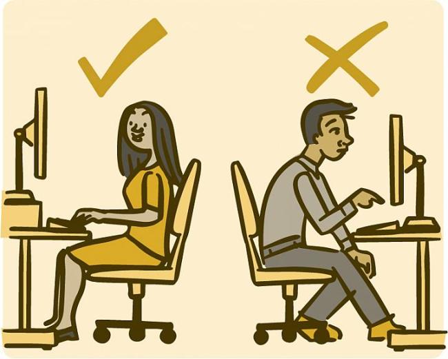 Ilustración de la postura adecuada e incorrecta mientras se está sentado en un escritorio.