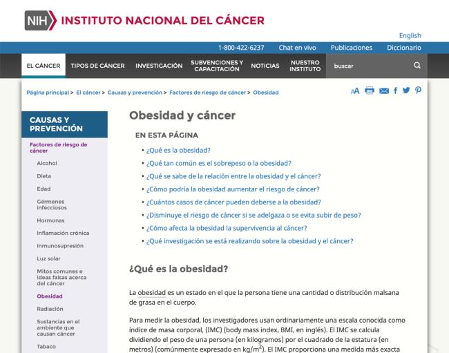 Captura de pantalla de la página web sobre obesidad y cáncer del Instituto Nacional del Cáncer (NCI).