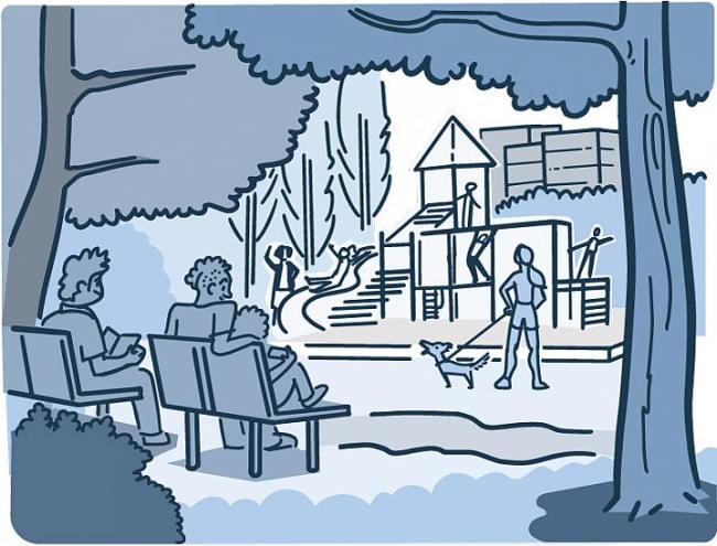 Ilustración de personas disfrutando de un parque del vecindario.