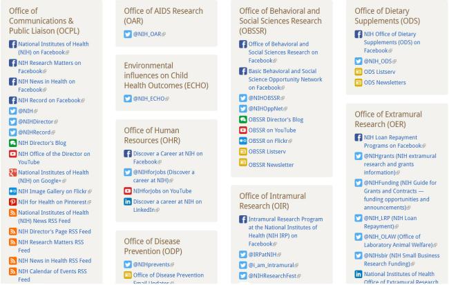 Captura de pantalla del sitio web de redes sociales de los NIH.