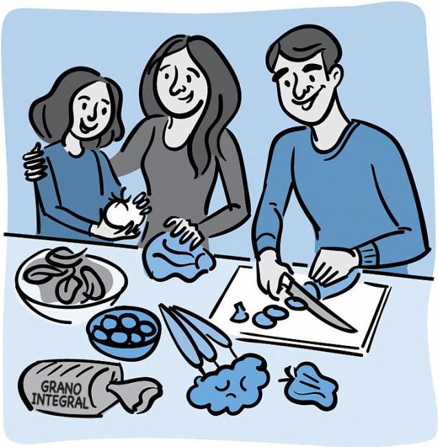 Ilustración de una familia que prepara una comida saludable juntos."