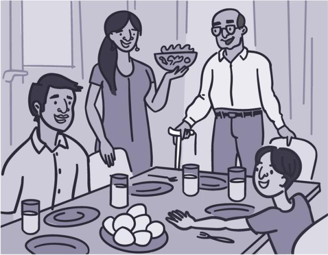 Ilustración de una familia alrededor de una mesa, con el abuelo apoyándose en un bastón, el hijo mostrando el brazo sobreextendido y una mamá sirviendo una ensalada.
