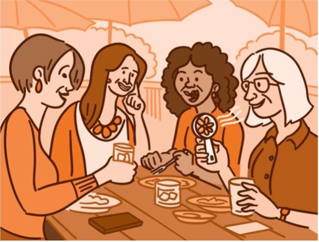 Ilustración de cuatro mujeres almorzando, una de ellas con un pequeño ventilador en la mano.