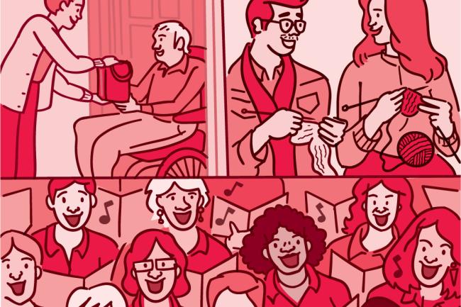 Una ilustración compuesta de varias escenas representa diferentes conexiones sociales: una mujer entregando comida a un adulto mayor que está sentado en una silla de ruedas, dos amigos tejiendo y varias personas cantando en un coro.
