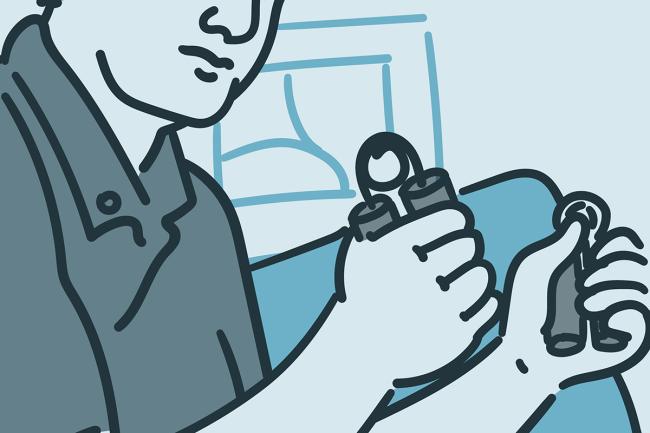Una ilustración muestra a un hombre usando ejercitadores de manos para fortalecerlas.