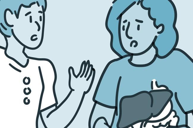 Una ilustración muestra a una mujer estresada tocando su abdomen, mientras está hablando con otra persona.