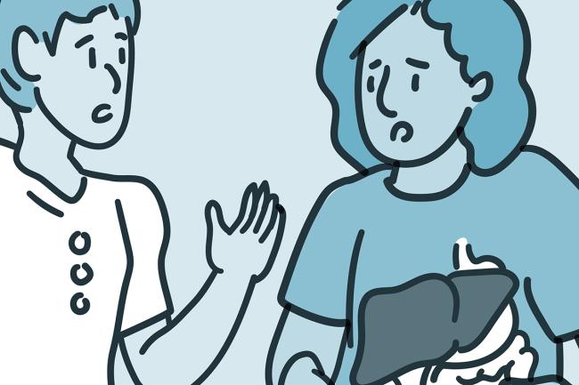 Una ilustración muestra a una mujer estresada tocando su abdomen, mientras está hablando con otra persona.