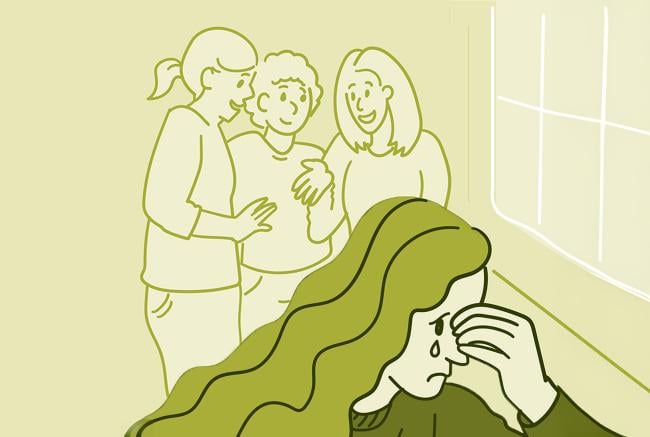 Ilustración de una adolescente llorando y alejándose de un grupo de niñas.
