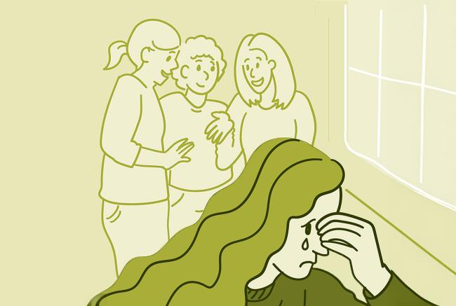 Ilustración de una adolescente llorando y alejándose de un grupo de niñas.