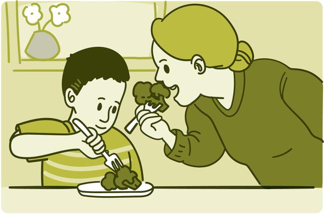 Ilustración de una madre comiendo brócoli con su hijo pequeño.