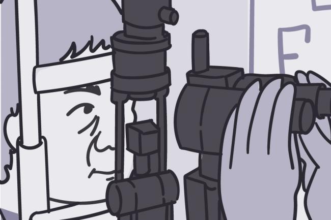 Ilustración de un oculista realizando un examen ocular a un hombre.