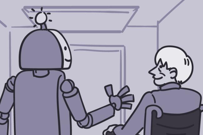 Una ilustración muestra a un robot sonriendo, junto a un hombre mayor en una silla de ruedas, quien también está sonriendo.
