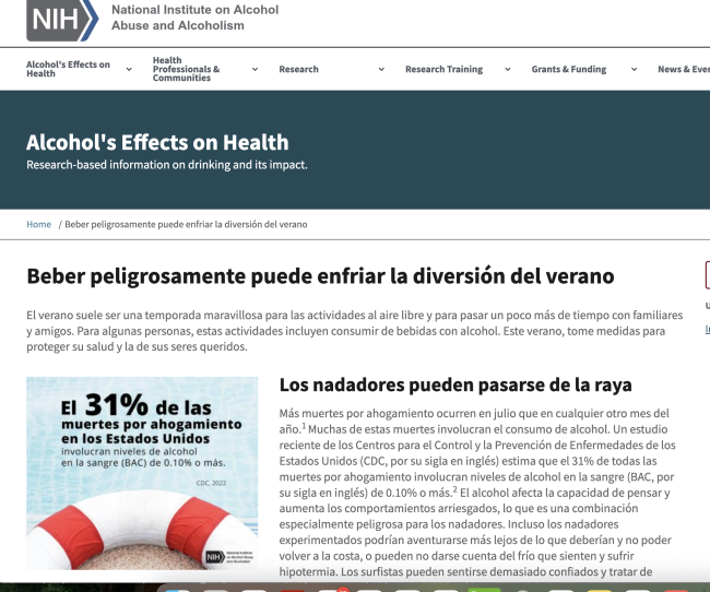 Captura de pantalla del sitio web titulado “Beber peligrosamente puede enfriar la diversión del verano”.