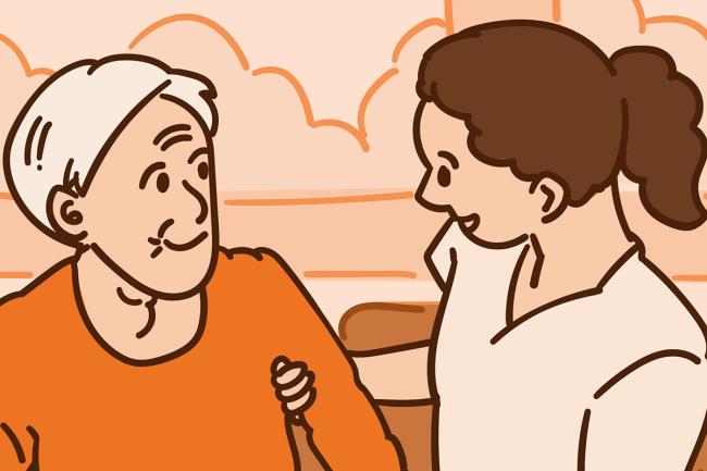 Una ilustración muestra a una trabajadora del cuidado de salud ayudando a una persona anciana. Ambas sonríen.