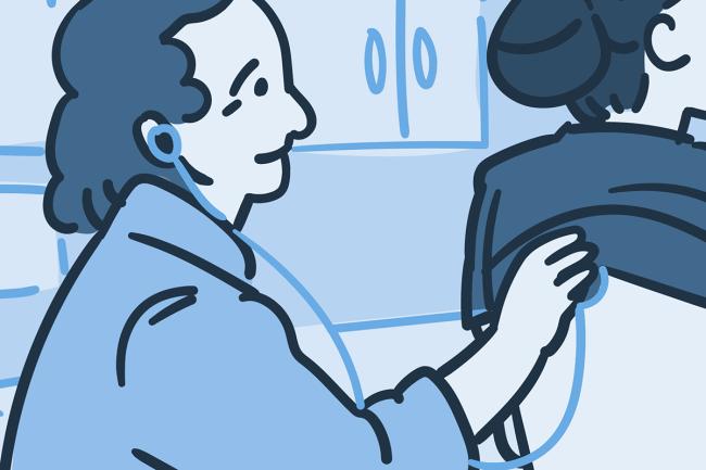 Ilustración de una doctora escuchando los pulmones de una persona, usando un estetoscopio.