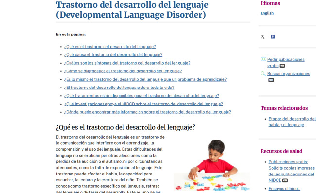 Captura de pantalla de la página web sobre el trastorno del desarrollo del lenguaje, del Instituto Nacional de la Sordera y Otros Trastornos de la Comunicación (NIDCD, por sus siglas en inglés).