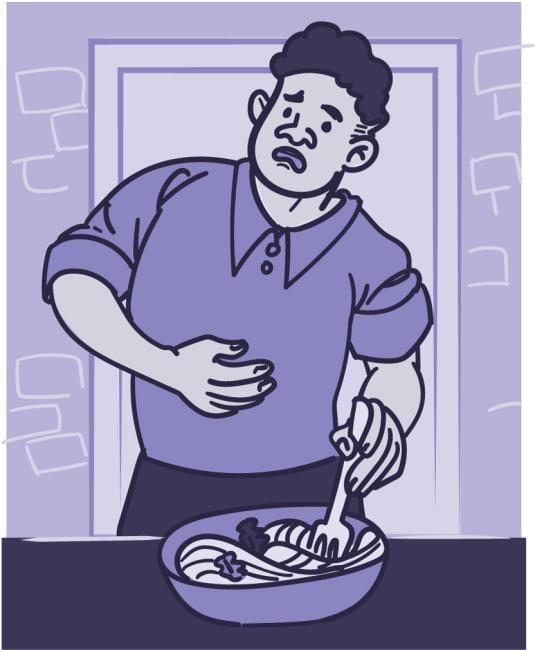 Una ilustración muestra a un hombre tocando su estómago en actitud de dolor, mientras come una ración de pasta.