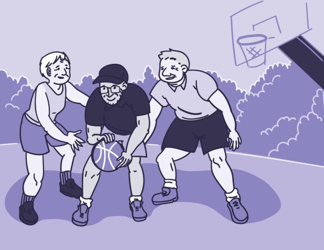 Una ilustración muestra a tres adultos jugando basquetbol en una cancha al aire libre.