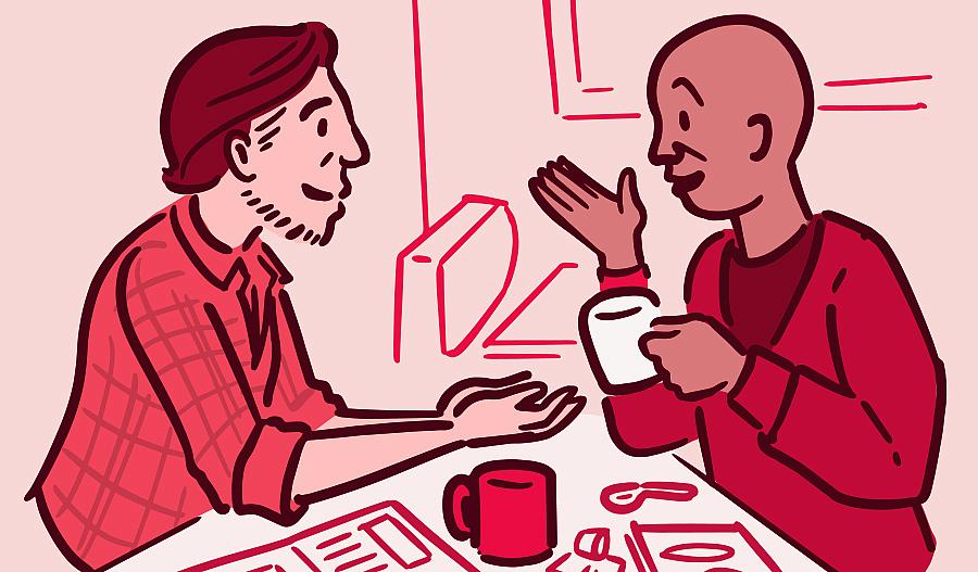 Ilustración de dos hombres que conversan y toman café.