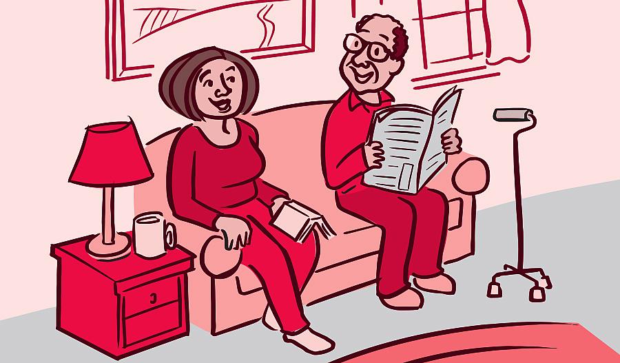 Ilustración de un hombre y una mujer mayores sonrientes sentados en un sofá con un bastón cerca de ellos.