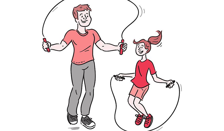 Ilustración de un padre y su hija saltando la cuerda.