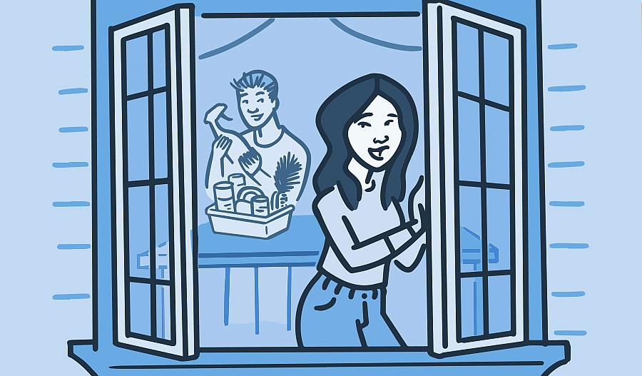Ilustración de una mujer abriendo la ventana.