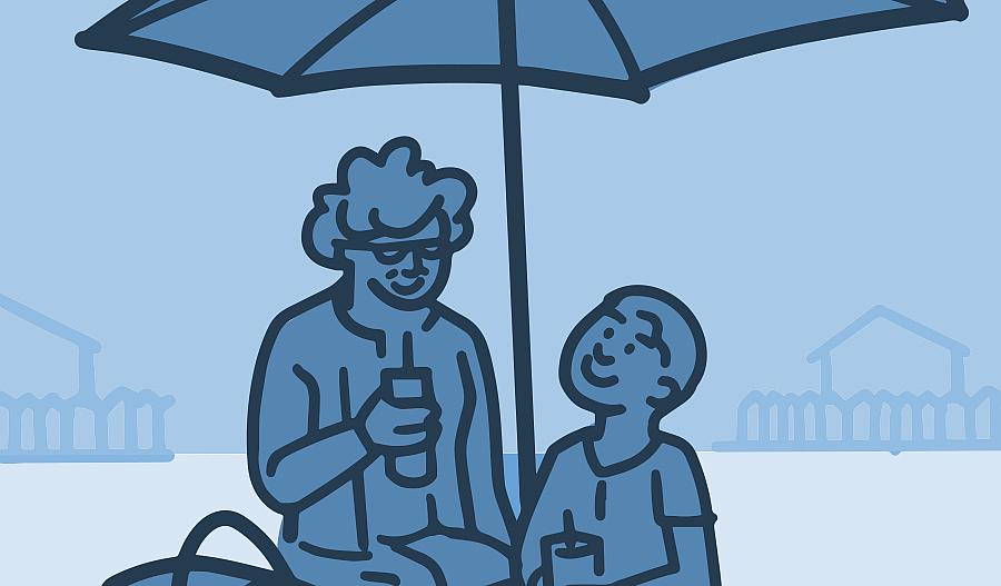Ilustración de un abuelo con su nieto haciendo un picnic bajo una sombrilla.