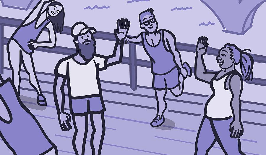 Ilustración de un grupo de personas que hacen ejercicio al aire libre.