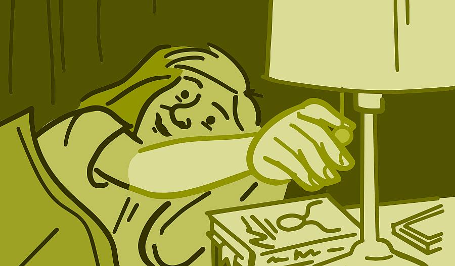 Ilustración de un hombre que apaga la luz y se mete en la cama.