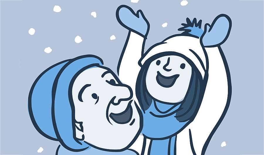 Ilustración de una persona mayor y un niño felices, bien abrigados con ropa invernal un día de nieve.