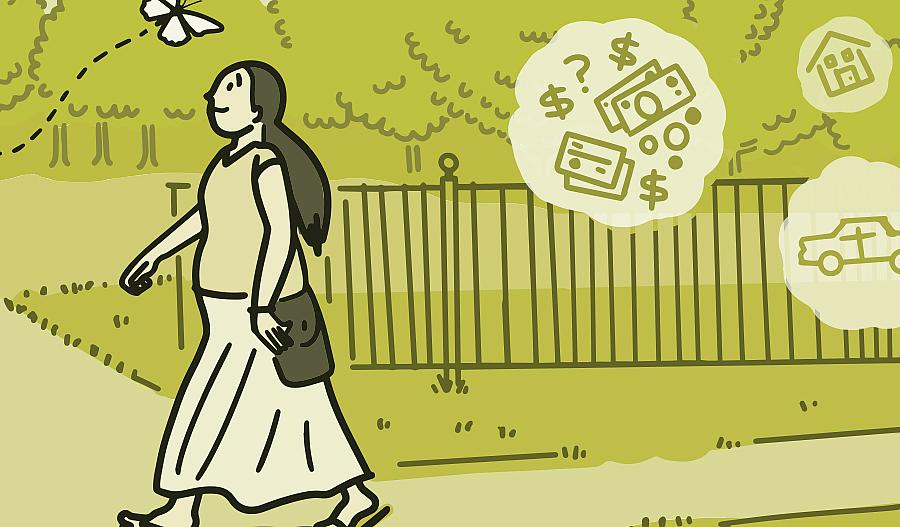 Ilustración de una mujer que se concentra en una mariposa mientras sus preocupaciones se desvanecen.