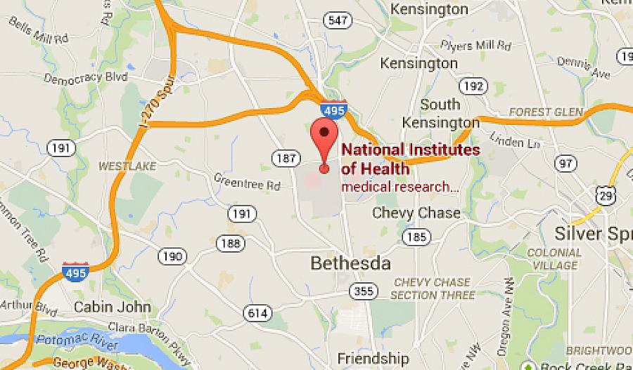 Mapa de Google que muestra la ubicación de la oficina central de los NIH en Bethesda, MD