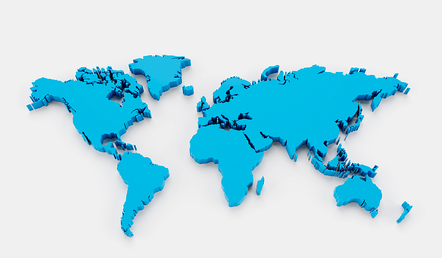 Mapa del mundo tridimensional en azul sobre un fondo blanco.