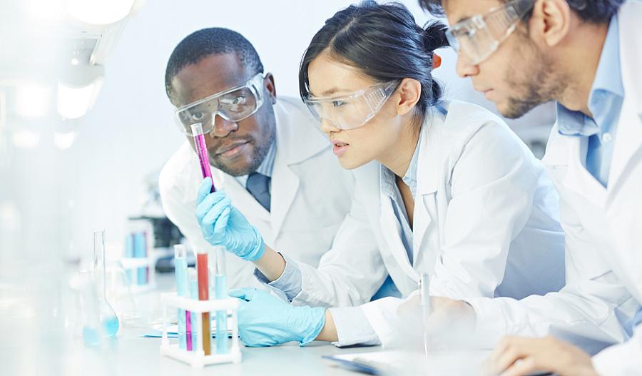 Grupo de científicos que observan tubos de ensayo en el laboratorio