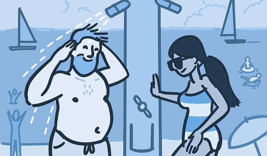 Ilustración de un hombre y una mujer enjuagándose en una ducha en la playa.