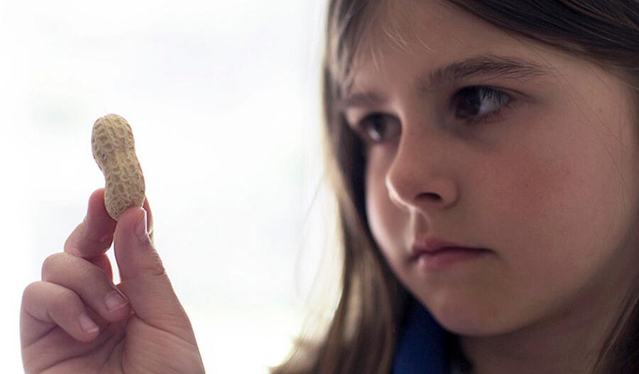 Foto de una niña que mira escépticamente un maní.