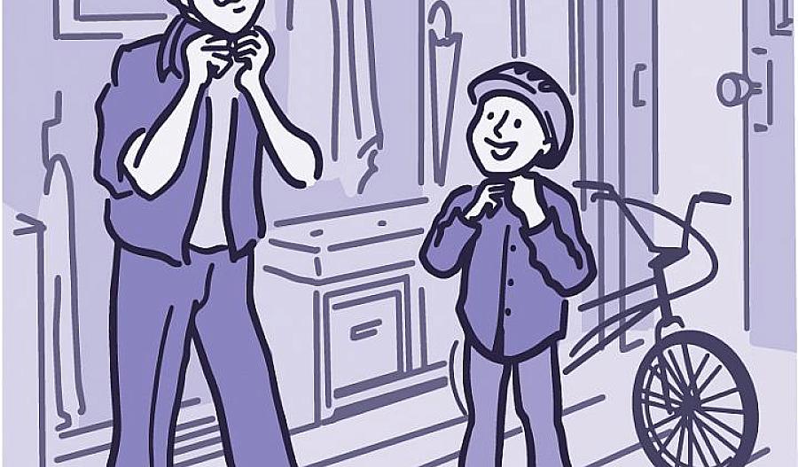 Ilustración de padre e hijo poniéndose cascos de bicicleta