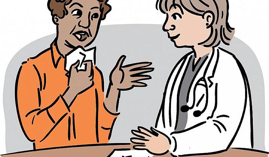 Ilustración de una mujer con un clínex cerca de su cara mientras habla con su médico, quien tiene un talonario de recetas a la mano.