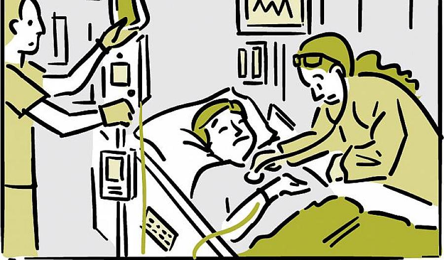 Ilustración de un paciente que recibe atención en una sala de hospital.