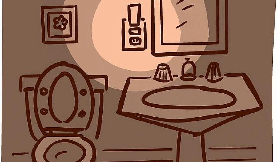 Ilustración de un inodoro y un lavamanos en un baño iluminado por luz eléctrica.