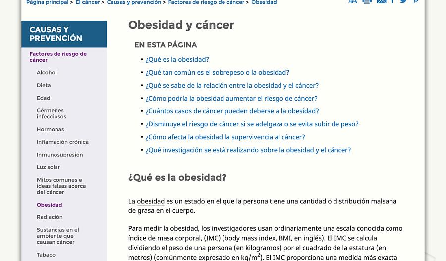 Captura de pantalla de la página web sobre obesidad y cáncer del Instituto Nacional del Cáncer (NCI).