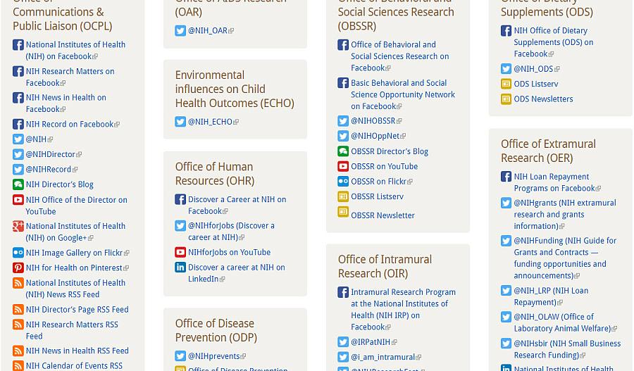 Captura de pantalla del sitio web de redes sociales de los NIH.