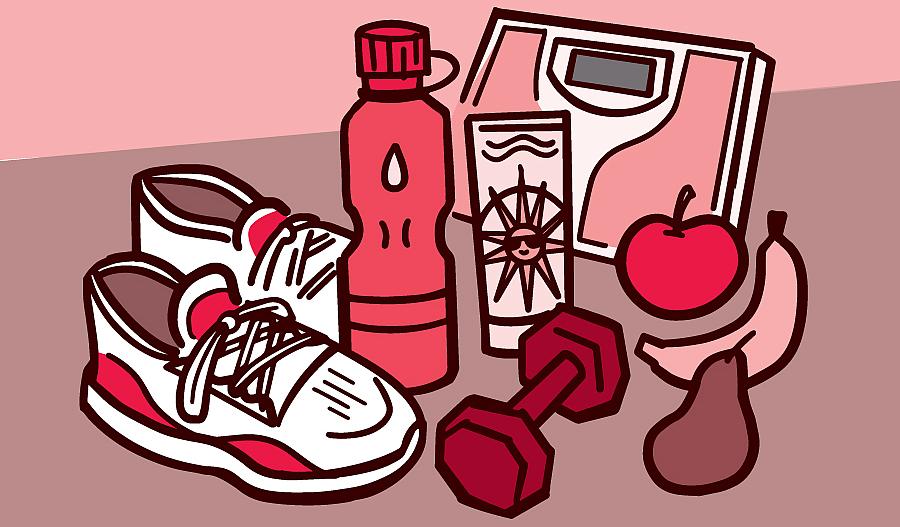 Illustration of weight scale, sunscreen, exercise equipment and fruit