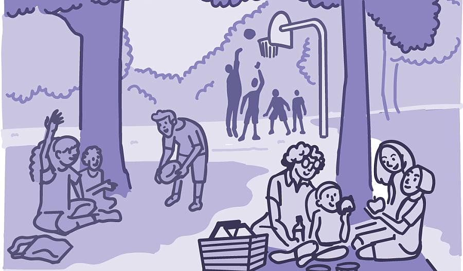 Ilustración de familias y amigos haciendo actividad juntos en un parquet