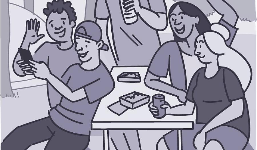 Una ilustración de un grupo de amigos tomándose una selfi afuera en una mesa de picnic