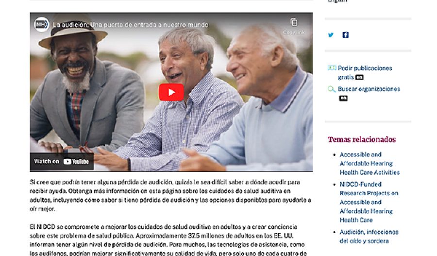 Captura de pantalla del sitio web Cuidados de salud auditiva en adultos.