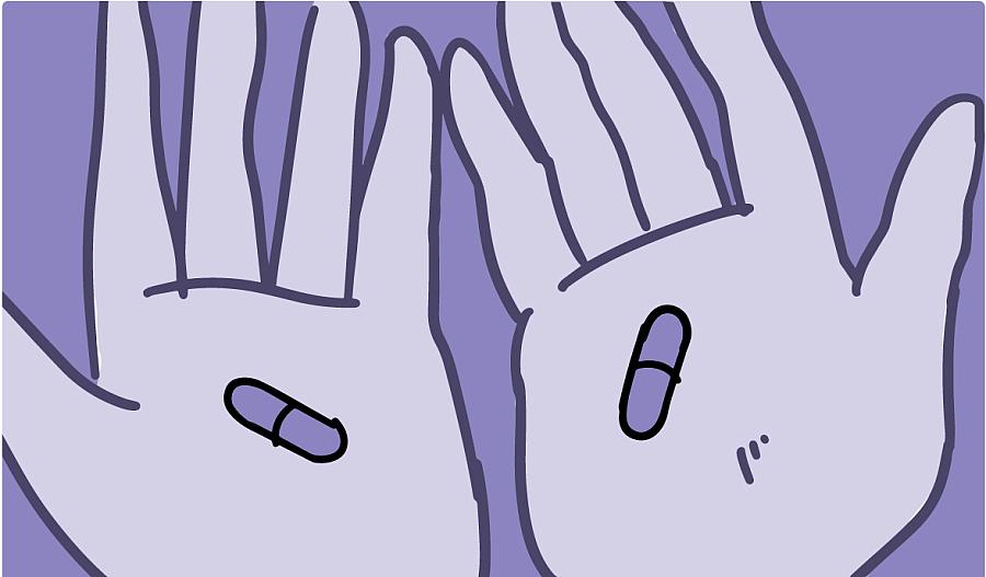 Ilustración de las manos de una persona que sostienen dos pastillas diferentes que se ven iguales