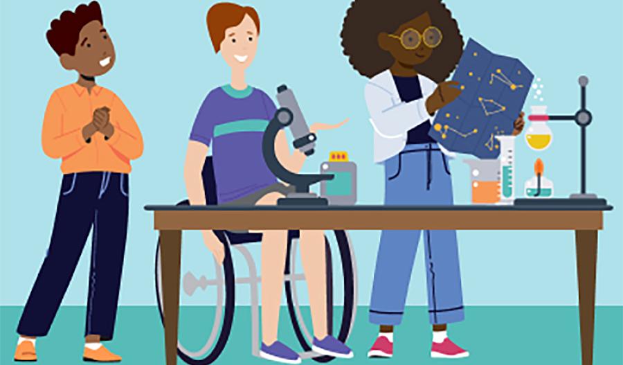 Ilustración de tres niños haciendo ciencia en un laboratorio