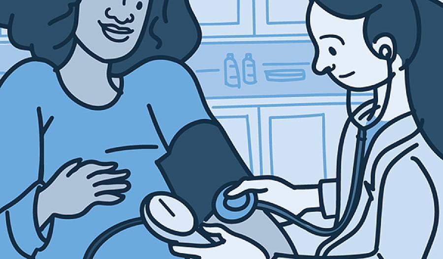 Ilustración de un profesional de la salud que le toma la presión arterial a una mujer embarazada.