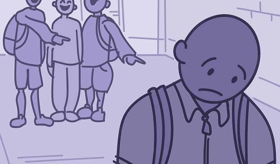 Ilustración de un grupo de niños riéndose y señalando a otro niño en el pasillo de la escuela.